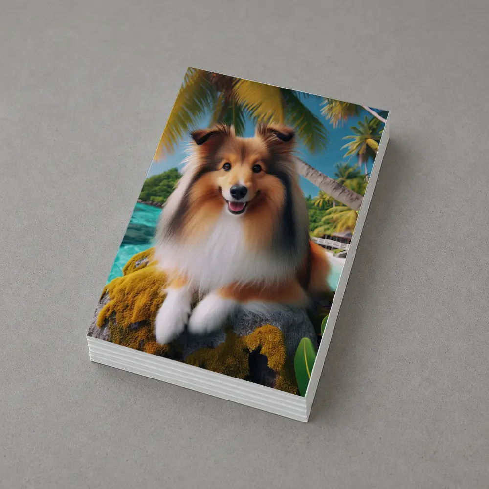 Shetland Sheepdog Relaxing on Tropical Beach – Postcards