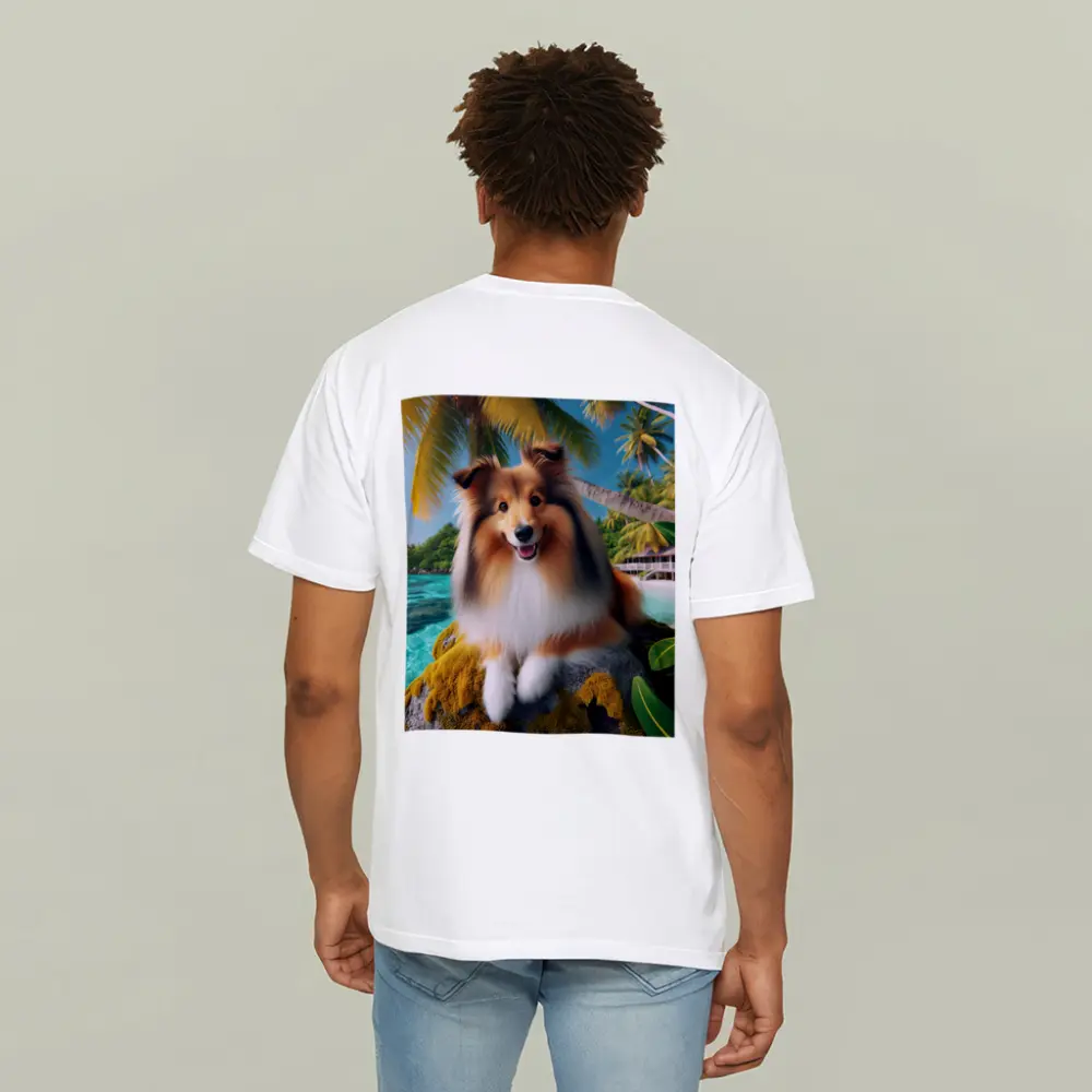 Shetland Sheepdog Relaxing on Tropical Beach – T-Shirts