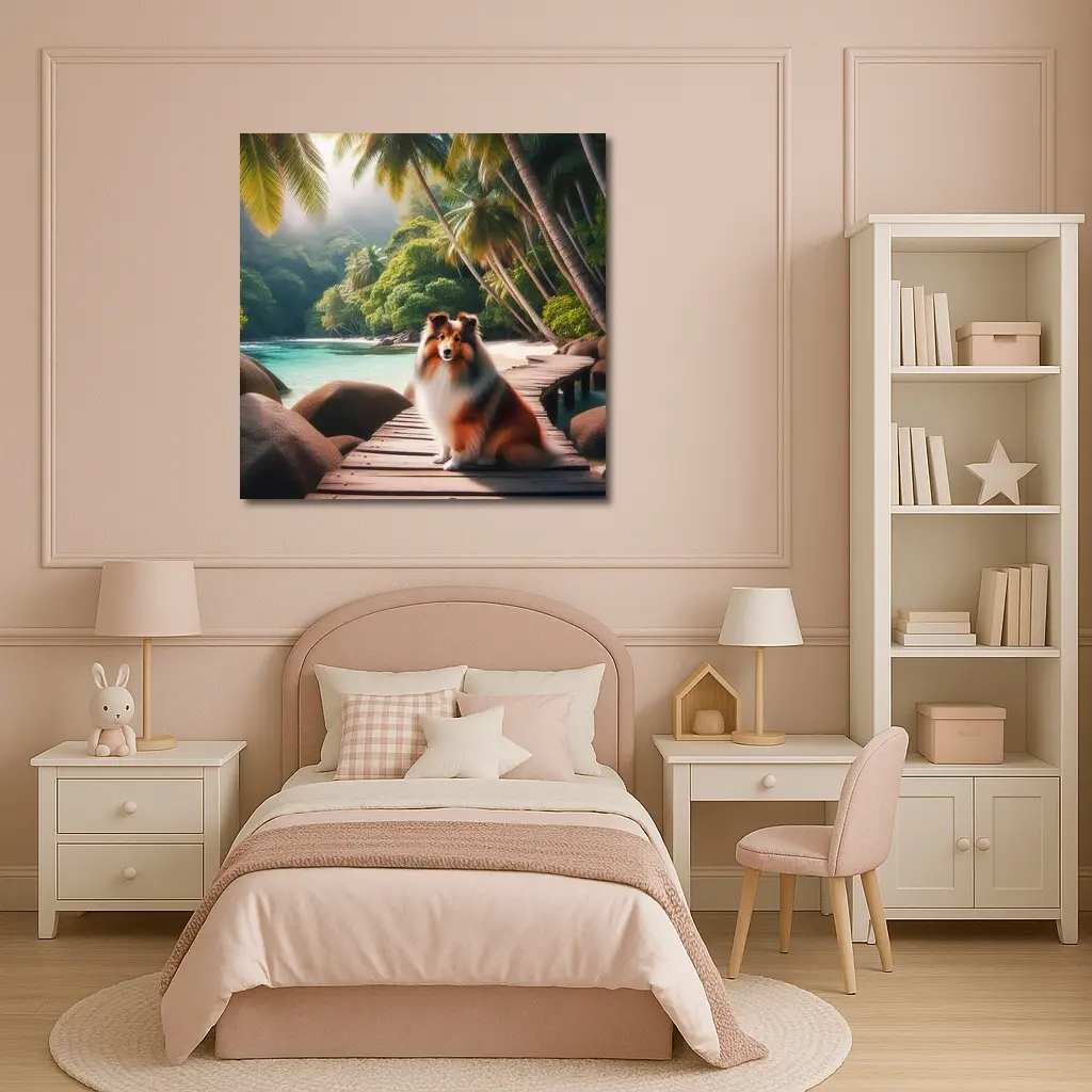 Rough Collie Sitting on Tropical Beach Dock – Wall Art