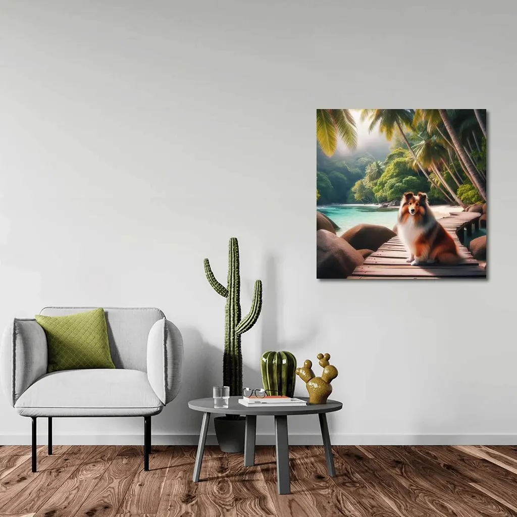 Rough Collie Sitting on Tropical Beach Dock – Wall Art