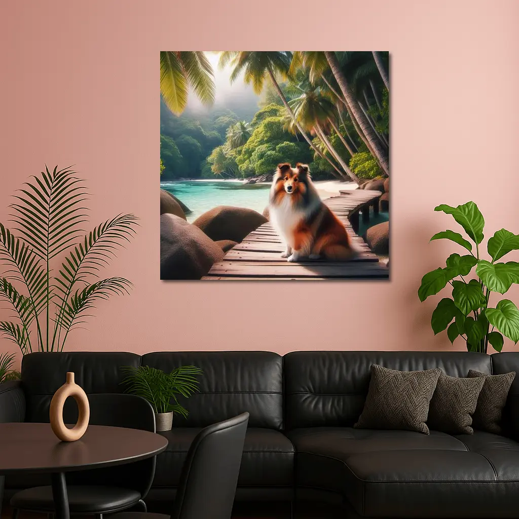 Rough Collie Sitting on Tropical Beach Dock – Wall Art