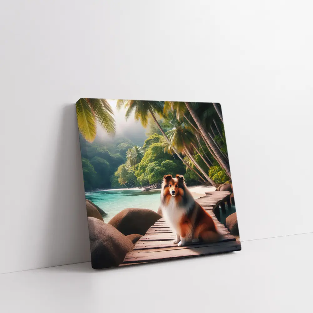 Rough Collie Sitting on Tropical Beach Dock – Wall Art