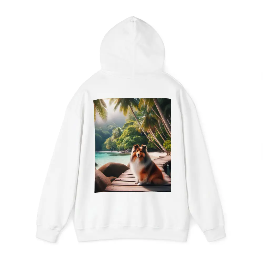 Rough Collie Sitting on Tropical Beach Dock – Hoodies