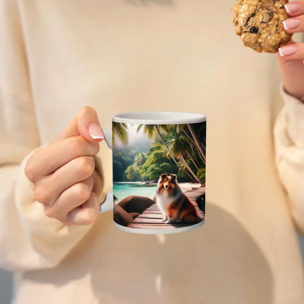 Rough Collie Sitting on Tropical Beach Dock – Mugs