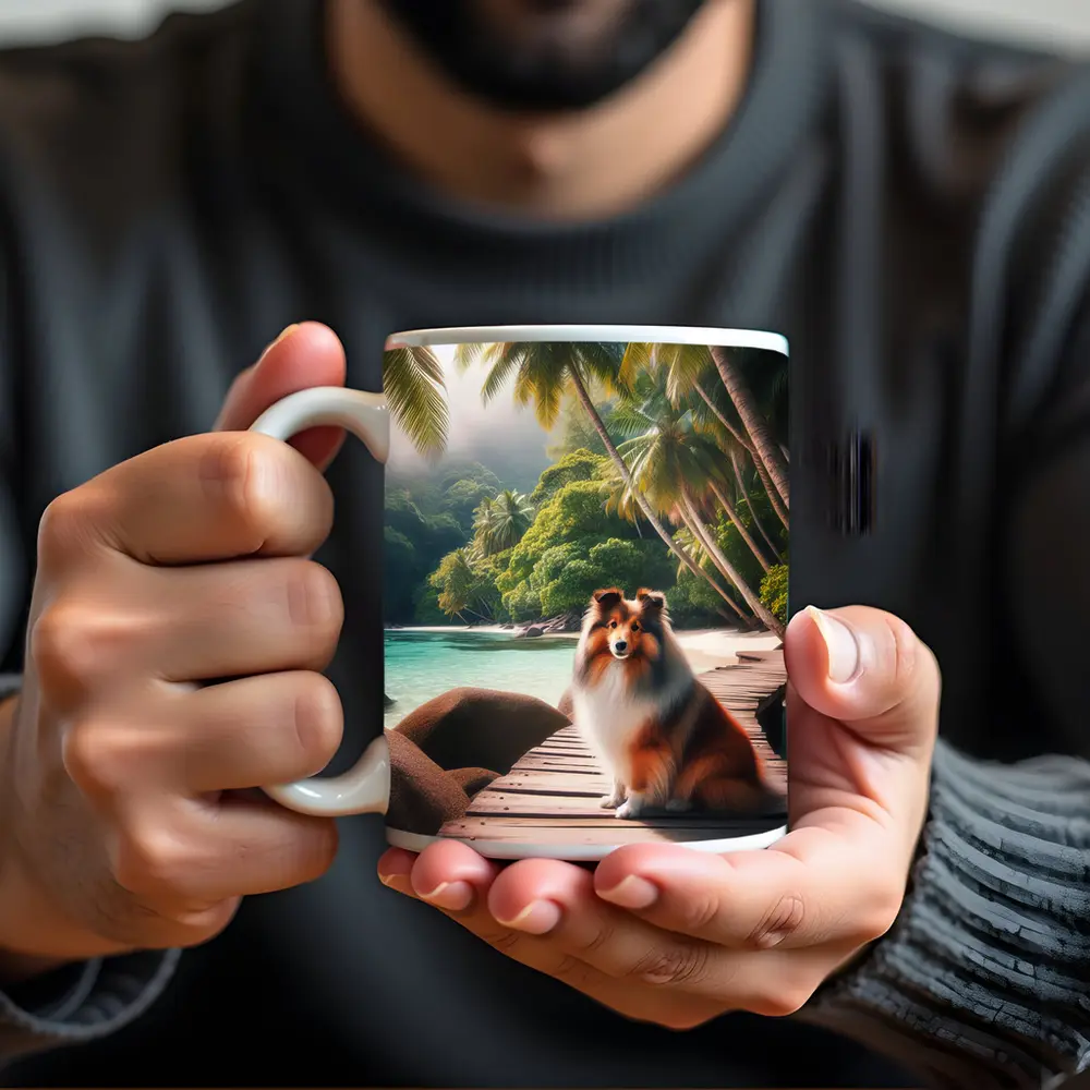 Rough Collie Sitting on Tropical Beach Dock – Mugs