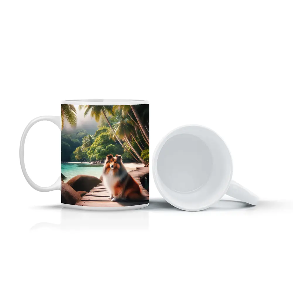 Rough Collie Sitting on Tropical Beach Dock – Mugs