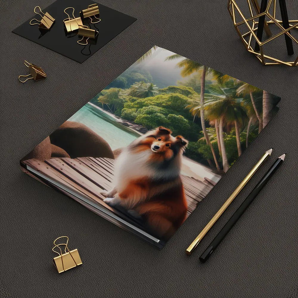 Rough Collie Sitting on Tropical Beach Dock – Notebooks