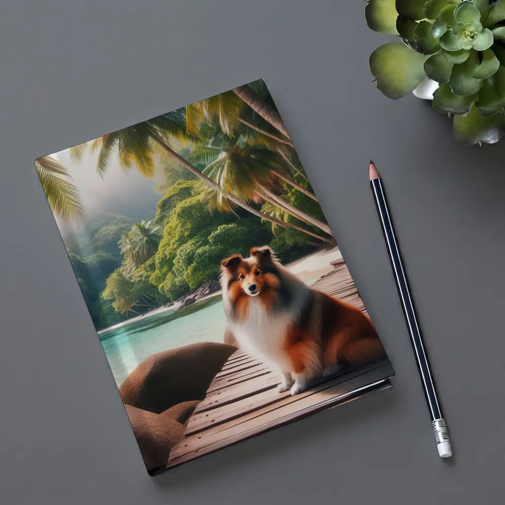 Rough Collie Sitting on Tropical Beach Dock – Notebooks