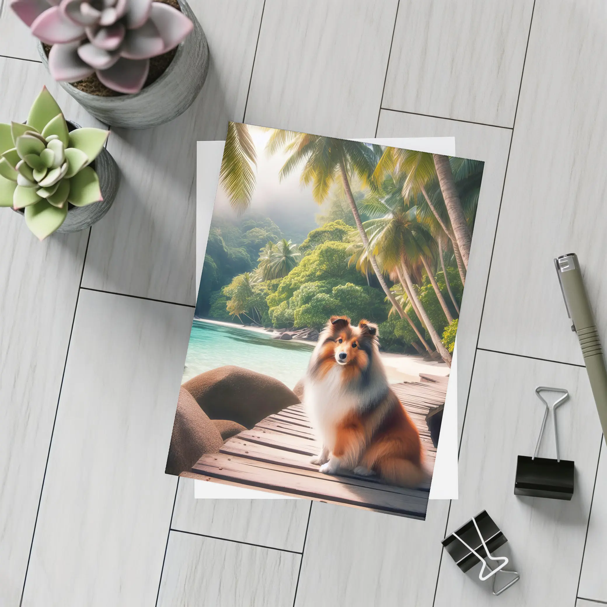 Rough Collie Sitting on Tropical Beach Dock – Postcards