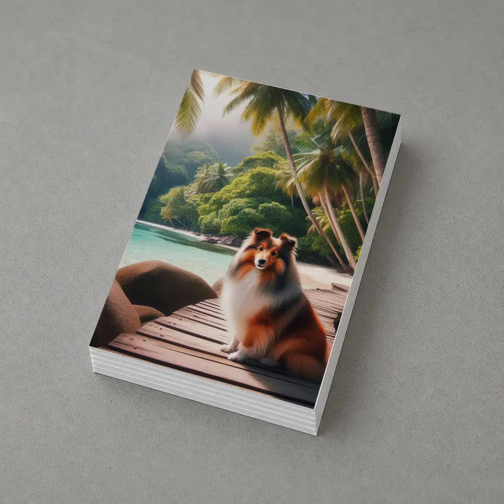 Rough Collie Sitting on Tropical Beach Dock – Postcards