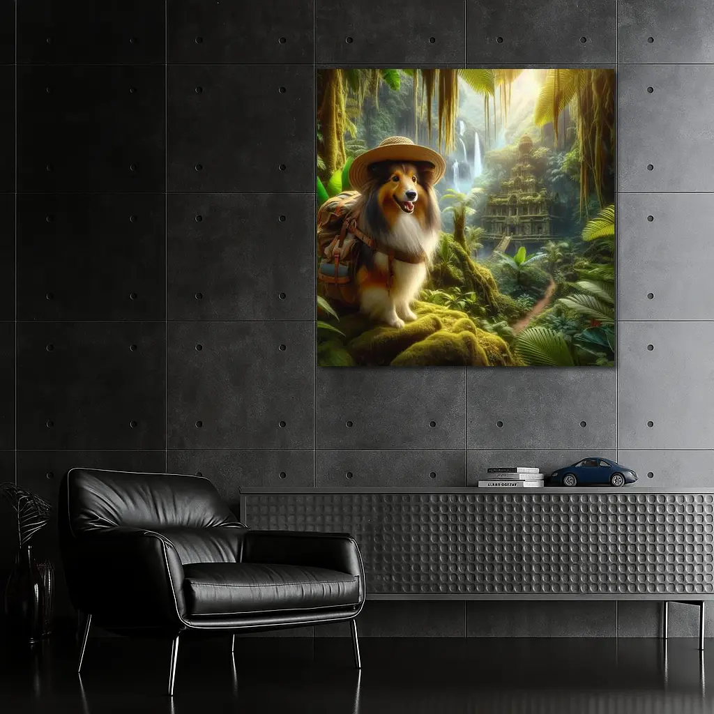 Collie Explorer Wearing Hat Jungle Ruins – Wall Art