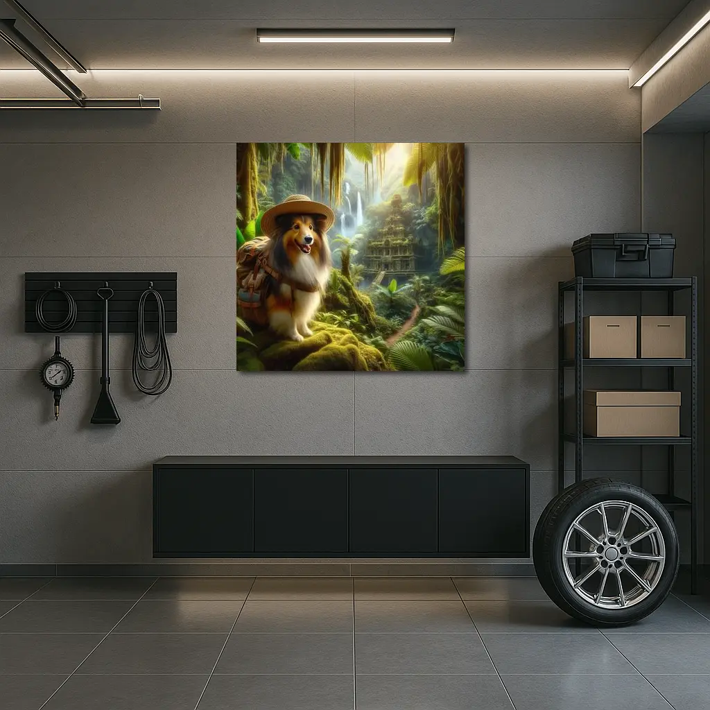 Collie Explorer Wearing Hat Jungle Ruins – Wall Art