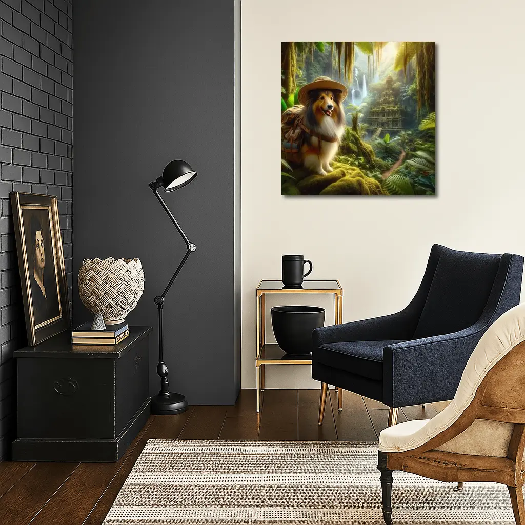 Collie Explorer Wearing Hat Jungle Ruins – Wall Art