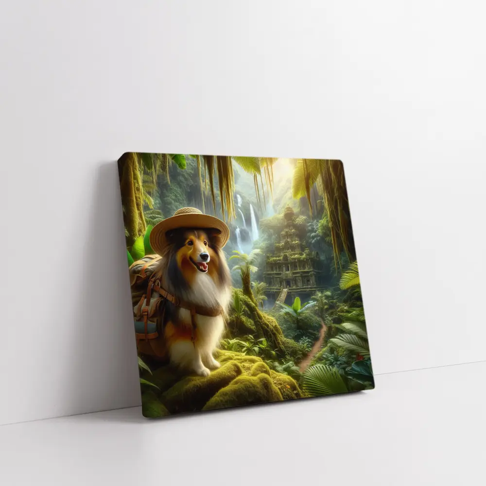 Collie Explorer Wearing Hat Jungle Ruins – Wall Art