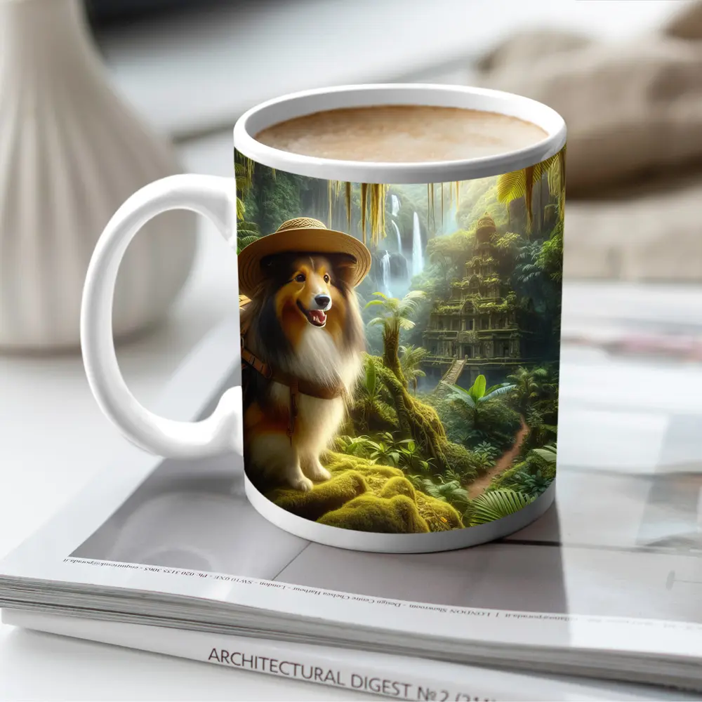 Collie Explorer Wearing Hat Jungle Ruins – Mugs