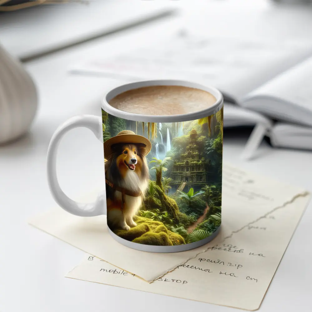Collie Explorer Wearing Hat Jungle Ruins – Mugs