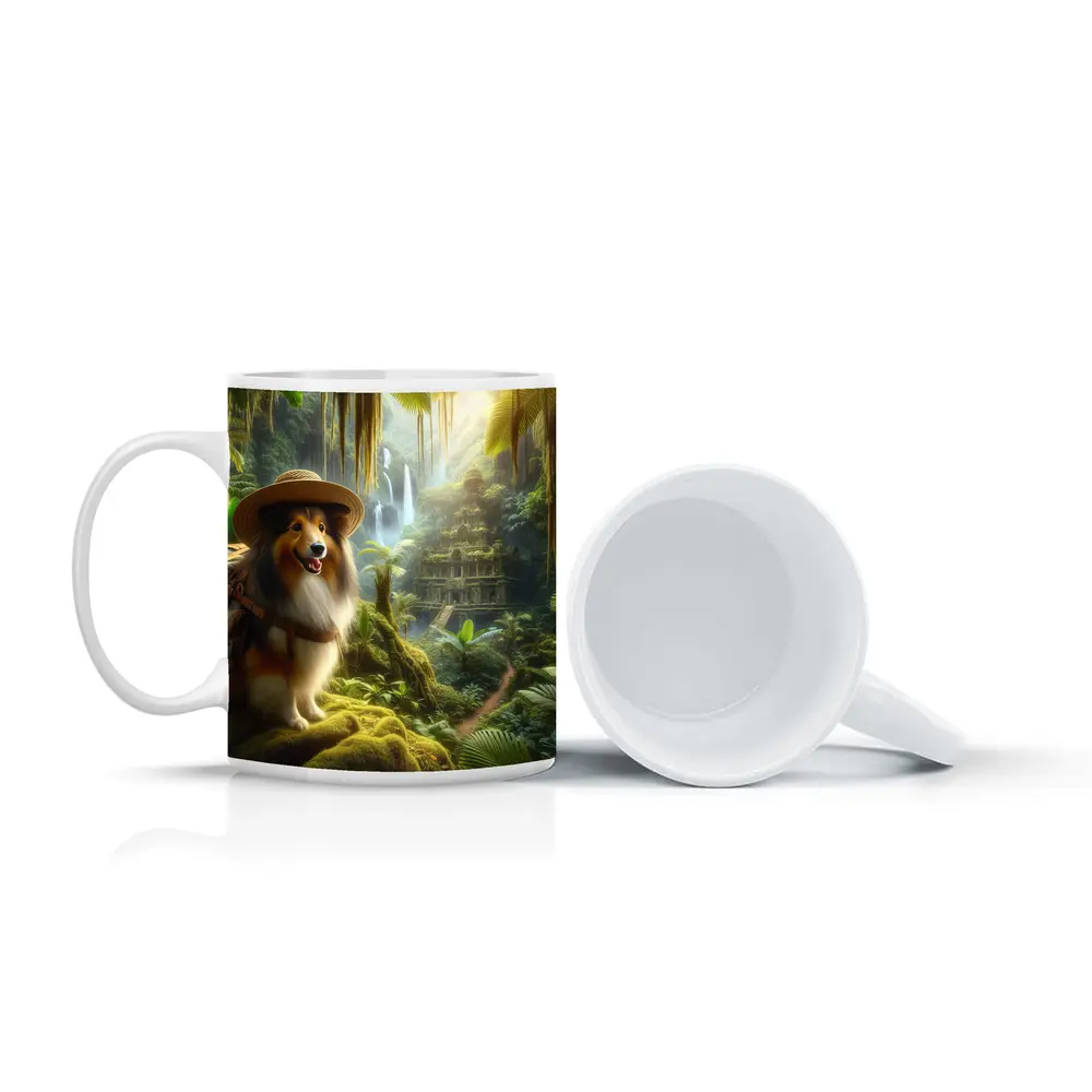 Collie Explorer Wearing Hat Jungle Ruins – Mugs
