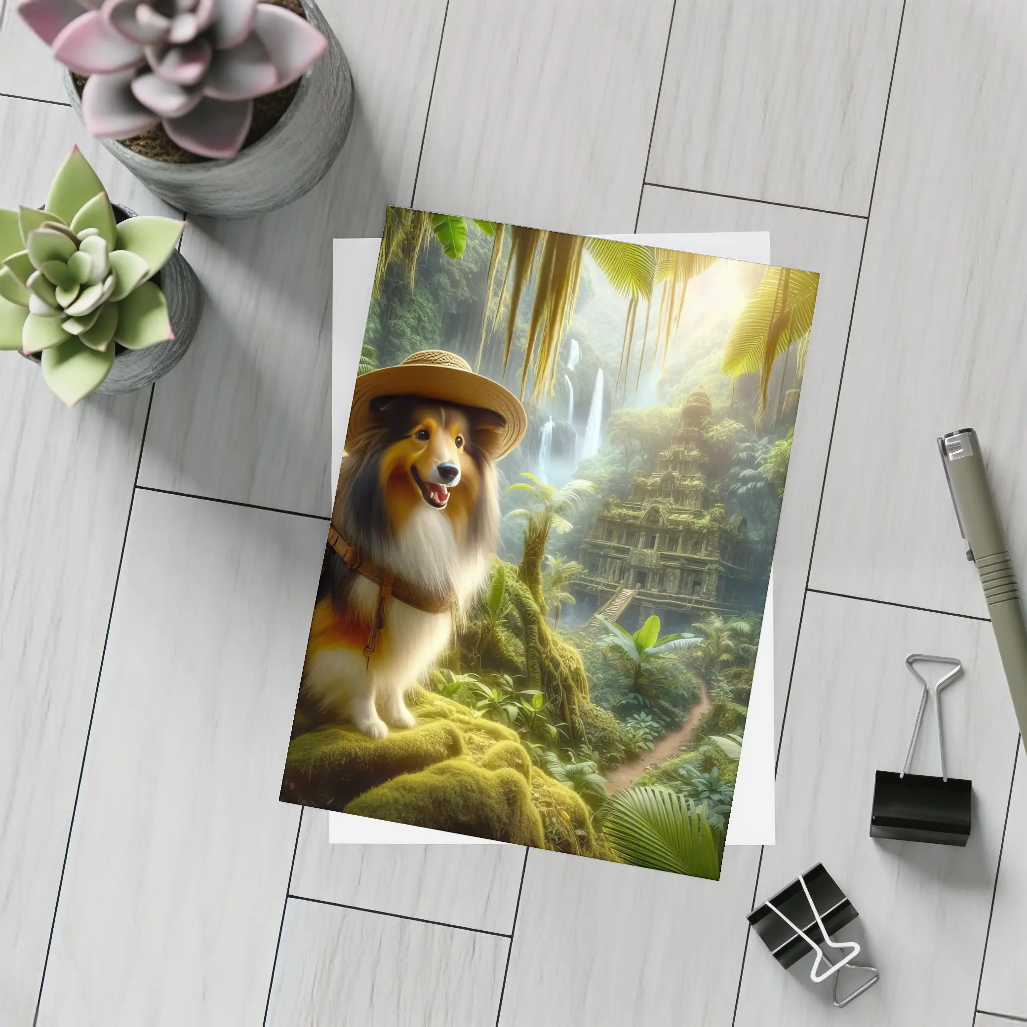 Collie Explorer Wearing Hat Jungle Ruins – Postcards