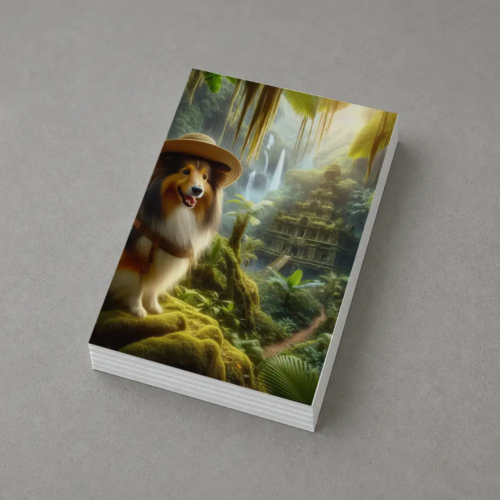 Collie Explorer Wearing Hat Jungle Ruins – Postcards