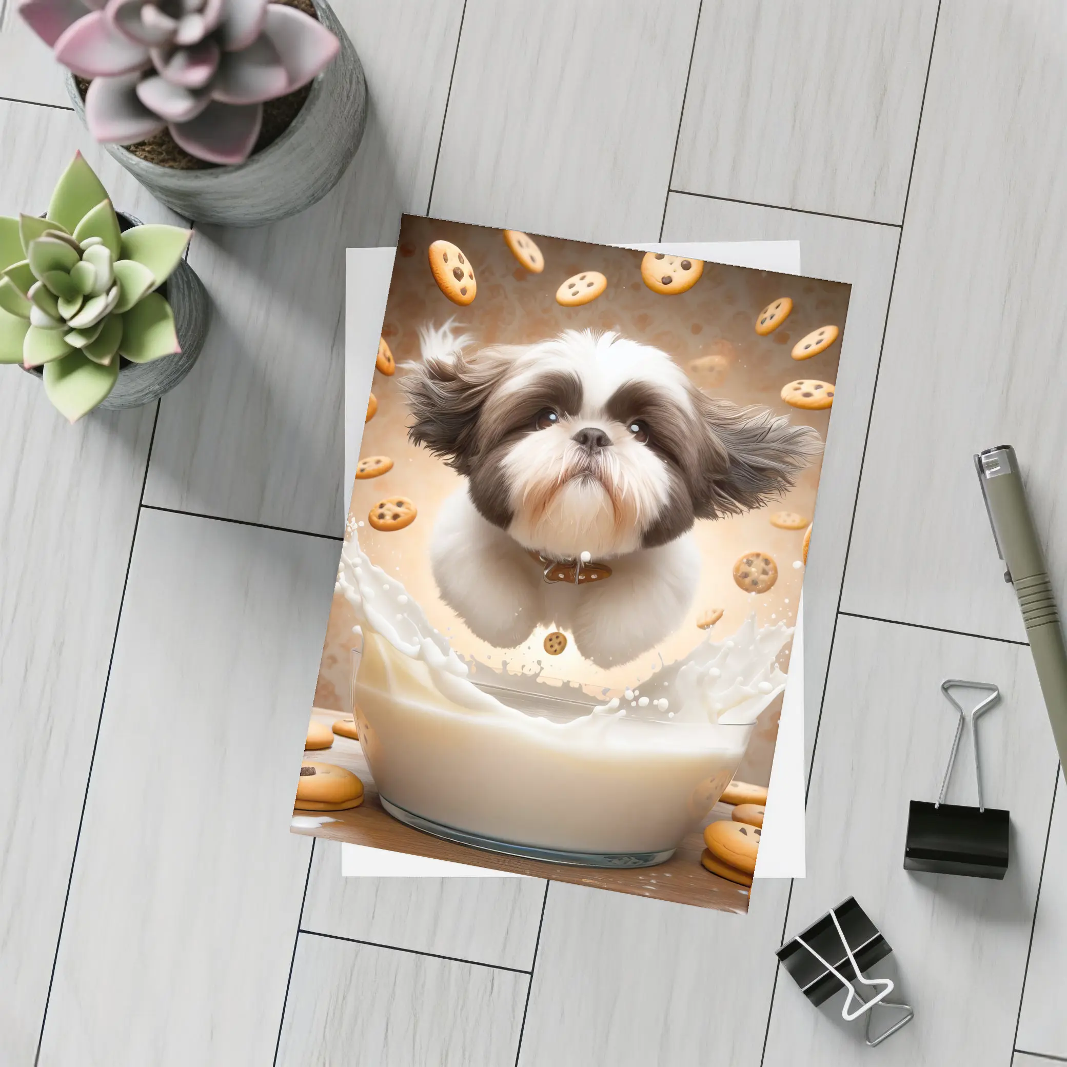 Shih Tzu Puppy Milk Splash Cookies Background – Postcards