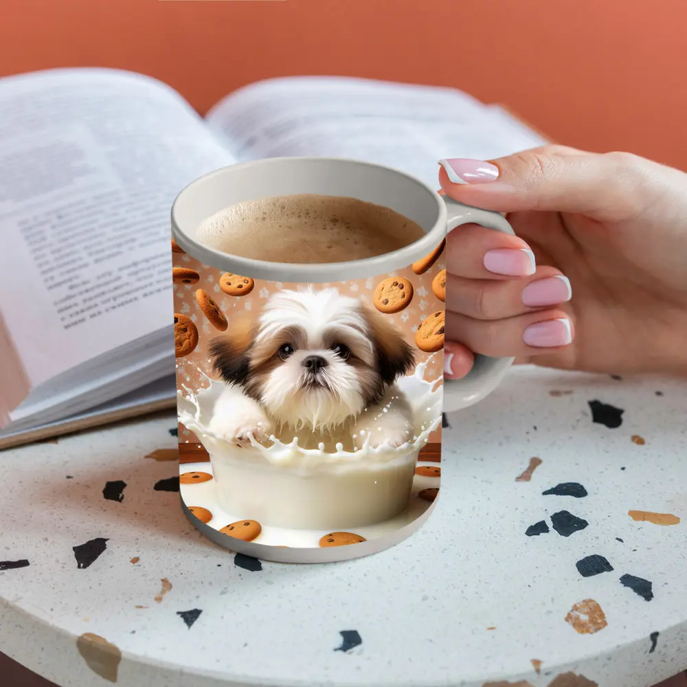 Shih Tzu Puppy Milk Splash Cookies Background – Mugs