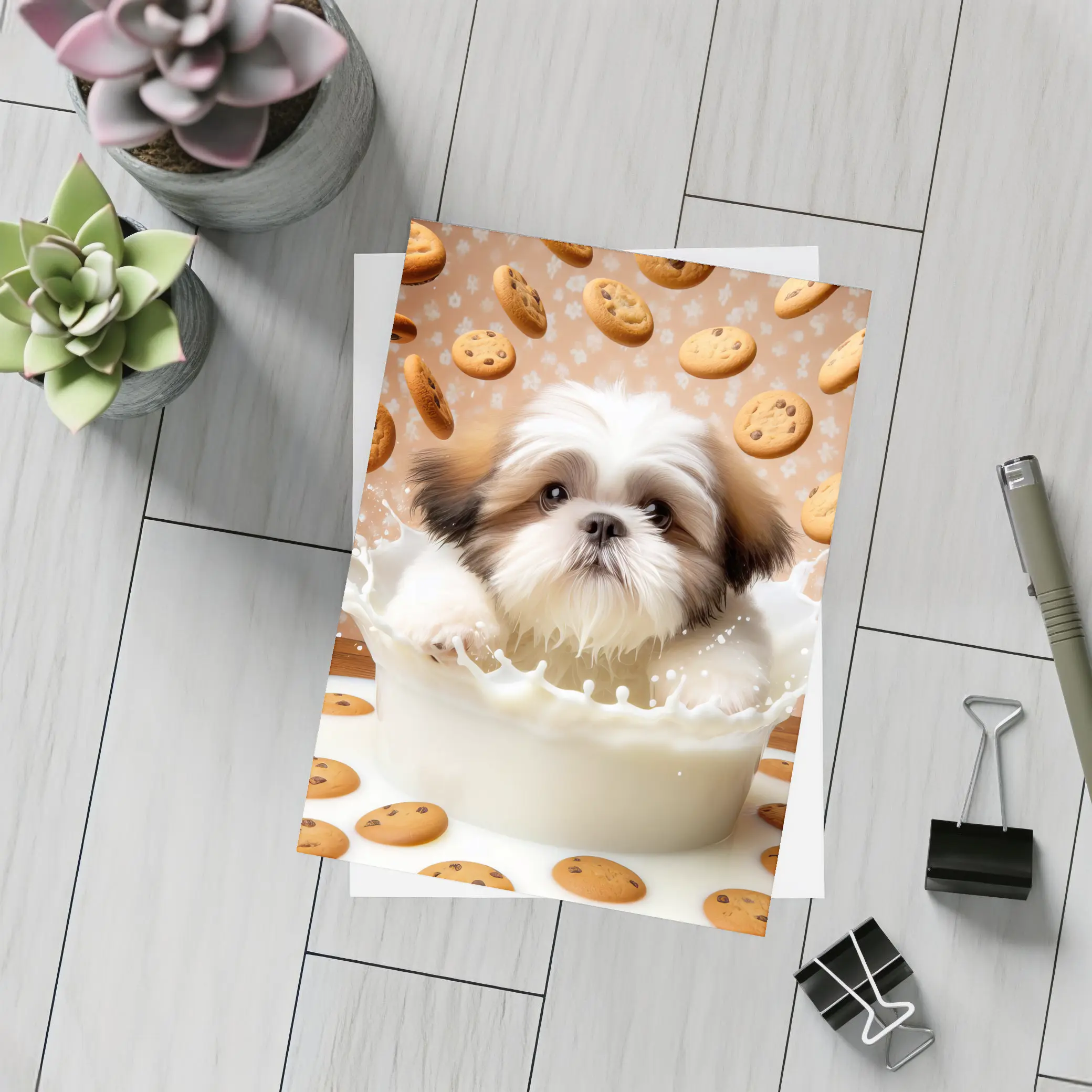 Shih Tzu Puppy Milk Splash Cookies Background – Postcards