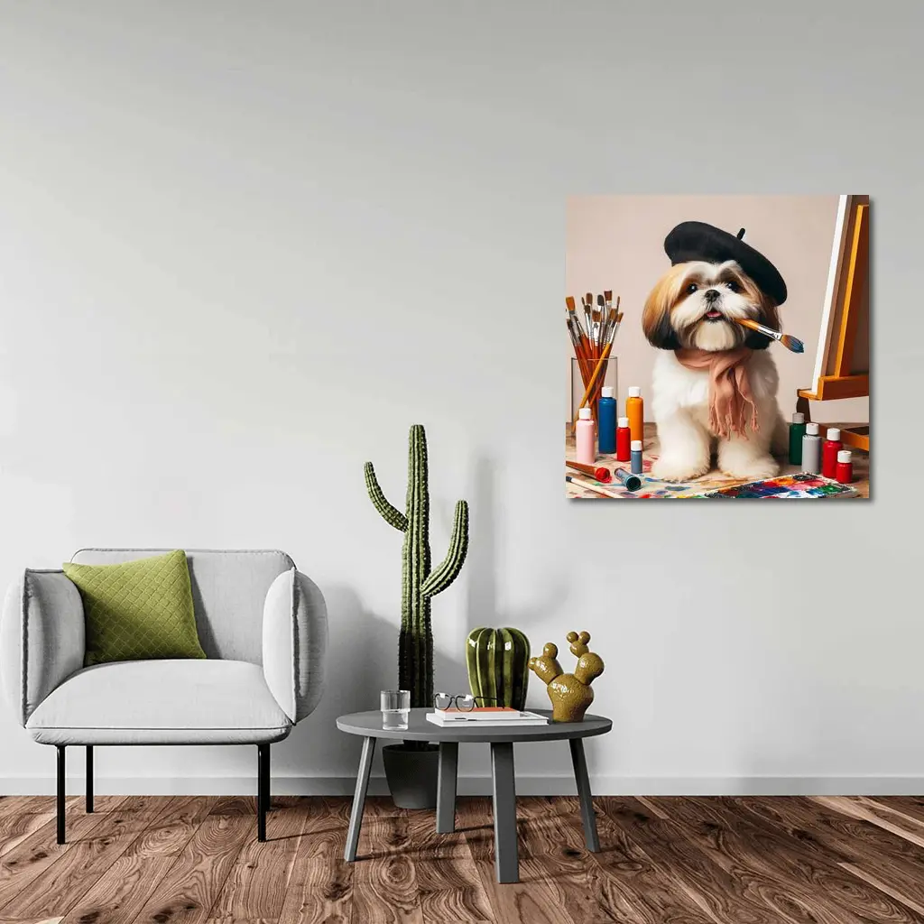 Shih Tzu Artist Beret Paintbrush Studio Setting – Wall Art