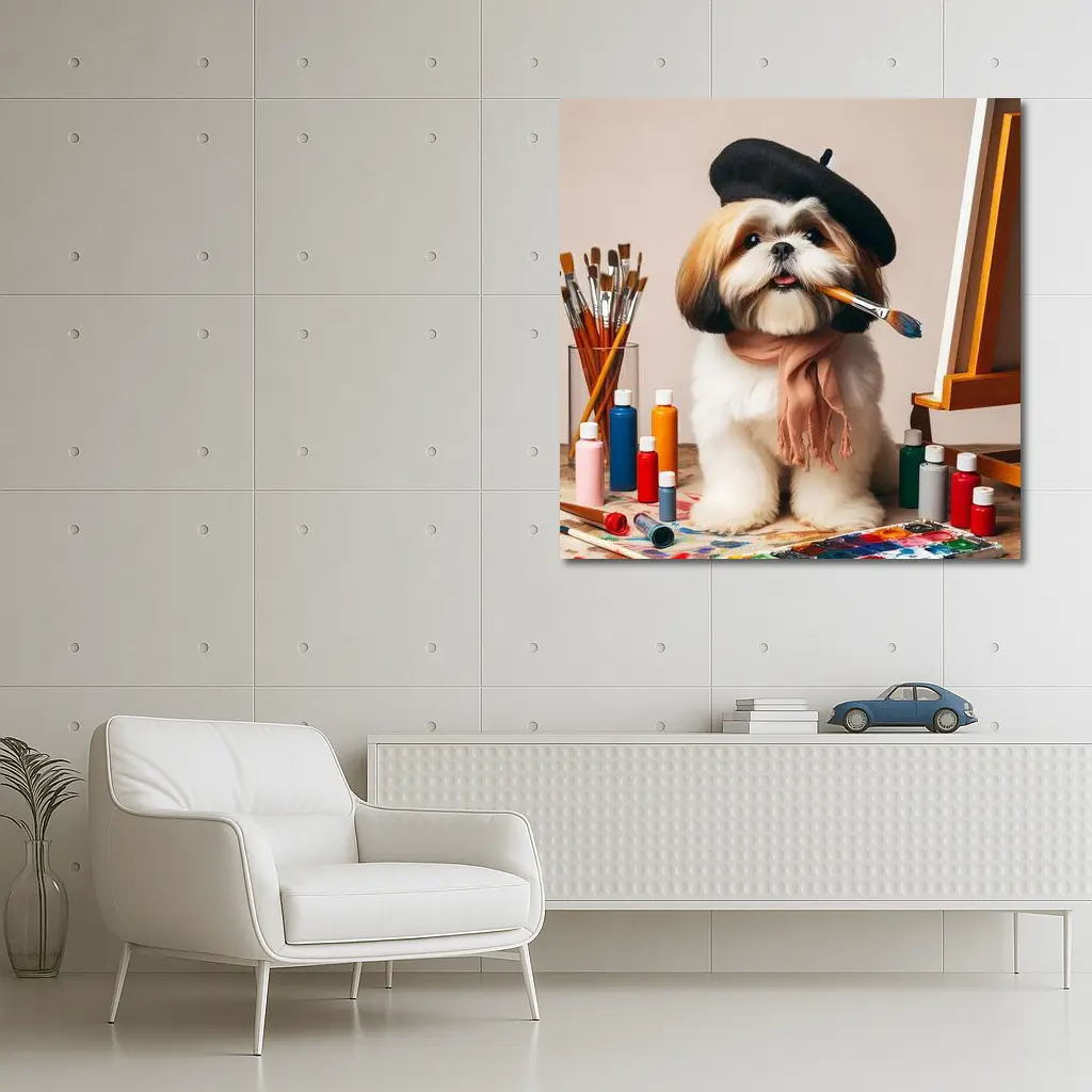 Shih Tzu Artist Beret Paintbrush Studio Setting – Wall Art