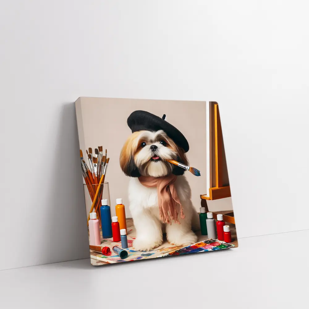 Shih Tzu Artist Beret Paintbrush Studio Setting – Wall Art