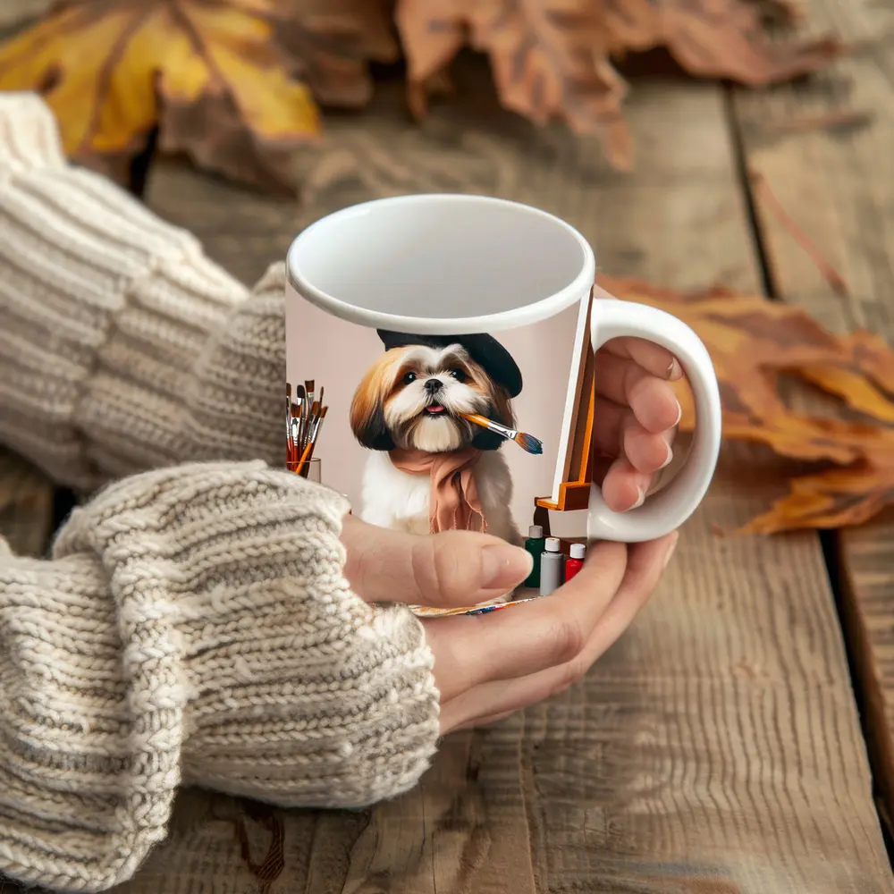 Shih Tzu Artist Beret Paintbrush Studio Setting – Mugs