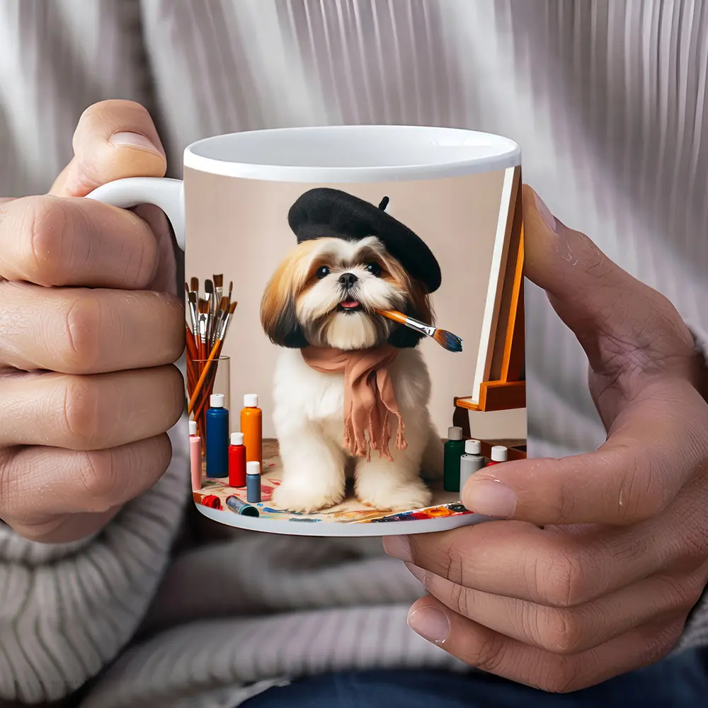 Shih Tzu Artist Beret Paintbrush Studio Setting – Mugs