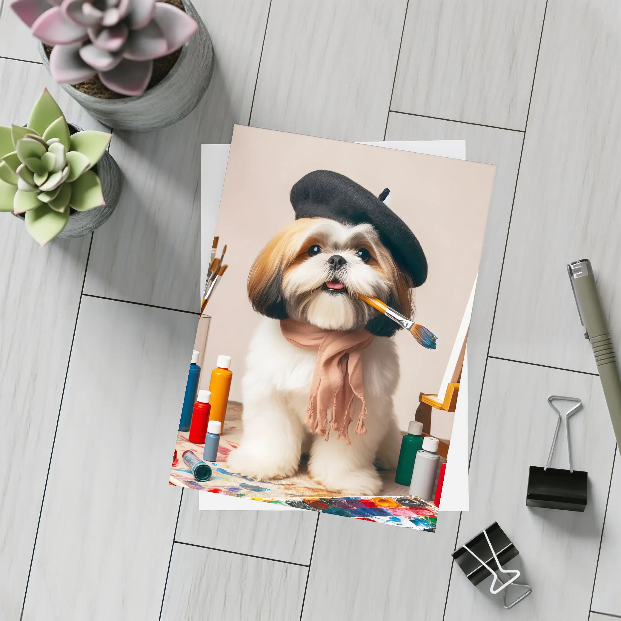 Shih Tzu Artist Beret Paintbrush Studio Setting – Postcards