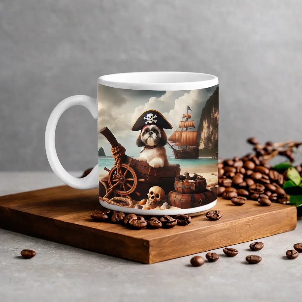 Shih Tzu Pirate Dog on Tropical Beach – Mugs