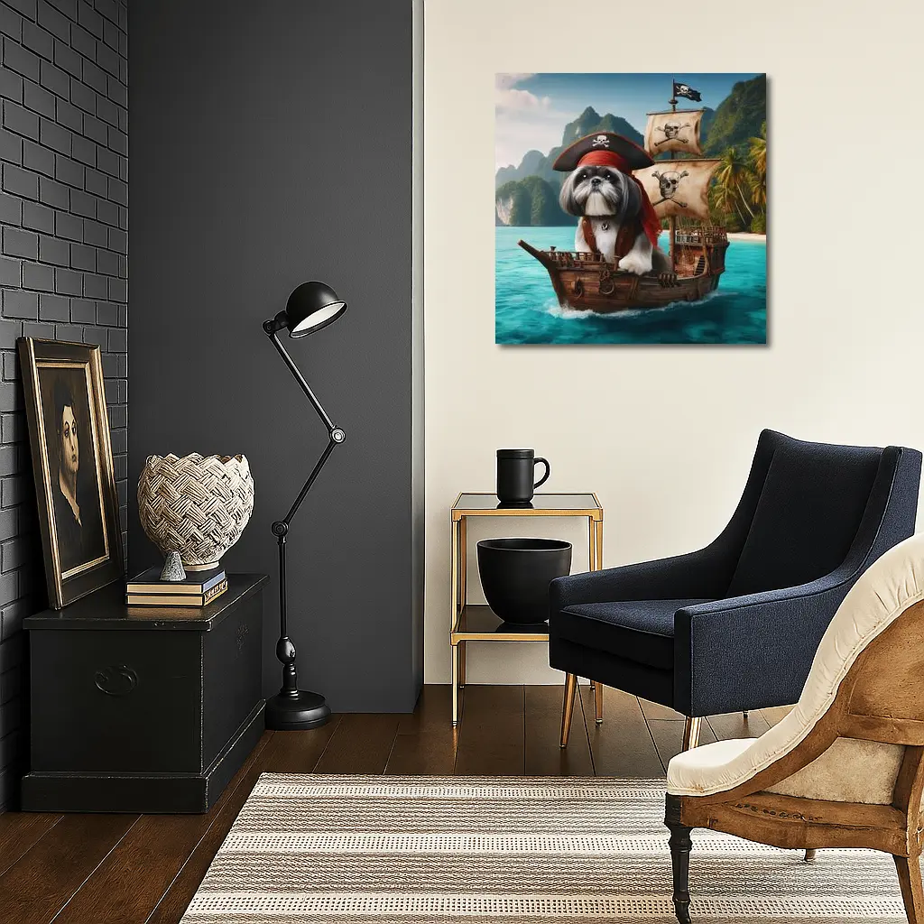 Shih Tzu Pirate Captain on Wooden Ship – Wall Art
