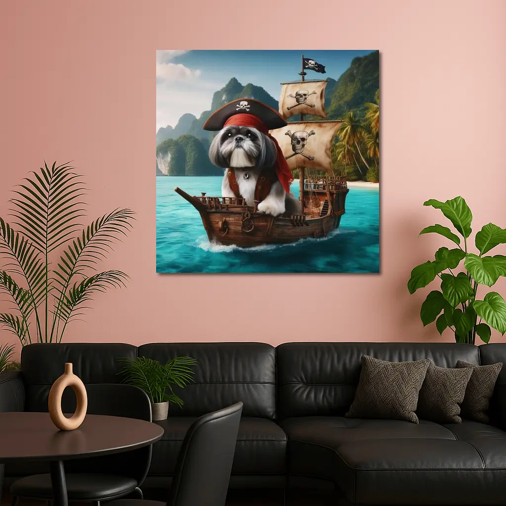 Shih Tzu Pirate Captain on Wooden Ship – Wall Art