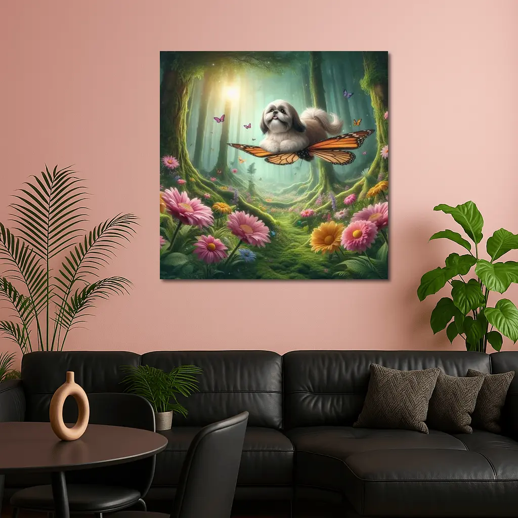 Shih Tzu Dog Flying Butterfly Wings Enchanted Forest – Wall Art