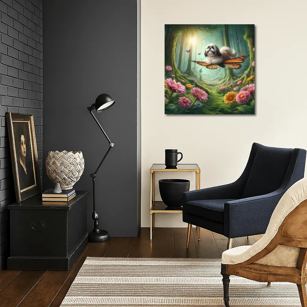 Shih Tzu Dog Flying Butterfly Wings Enchanted Forest – Wall Art