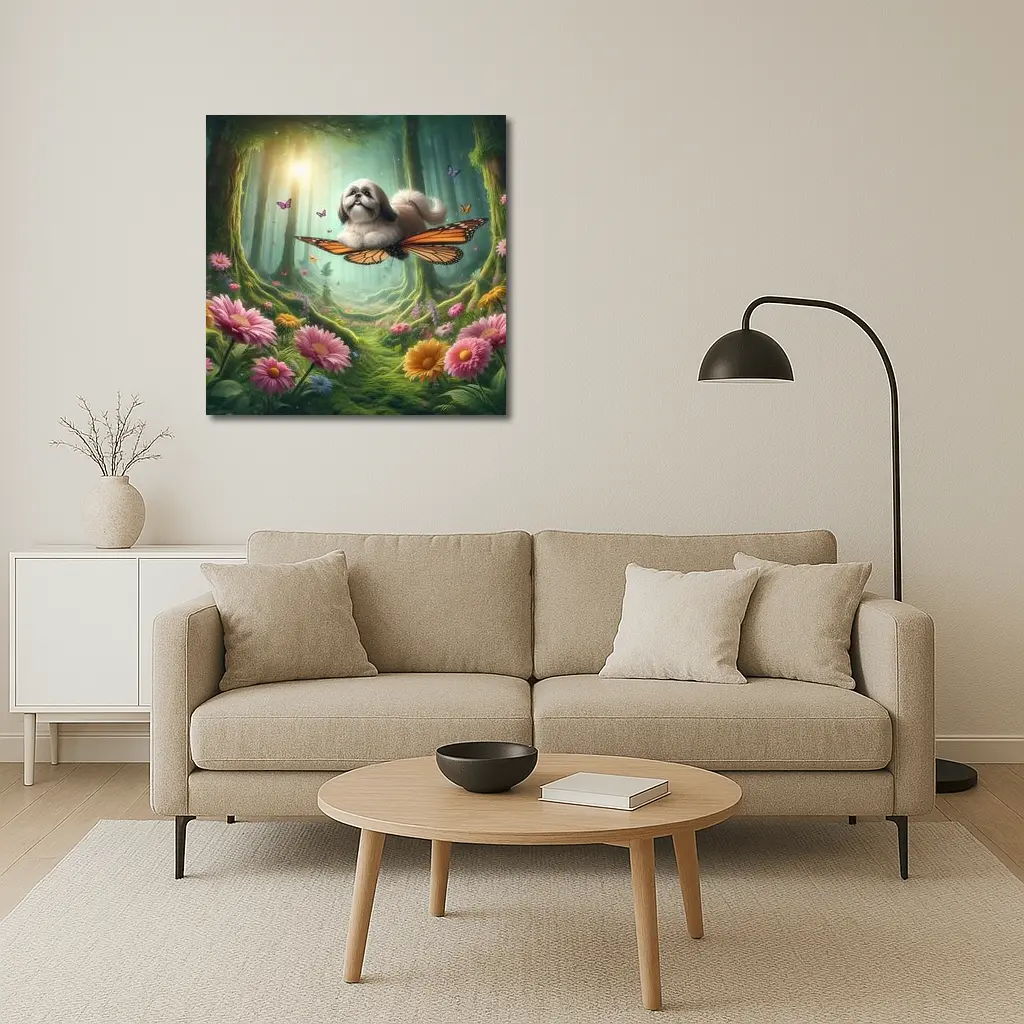 Shih Tzu Dog Flying Butterfly Wings Enchanted Forest – Wall Art