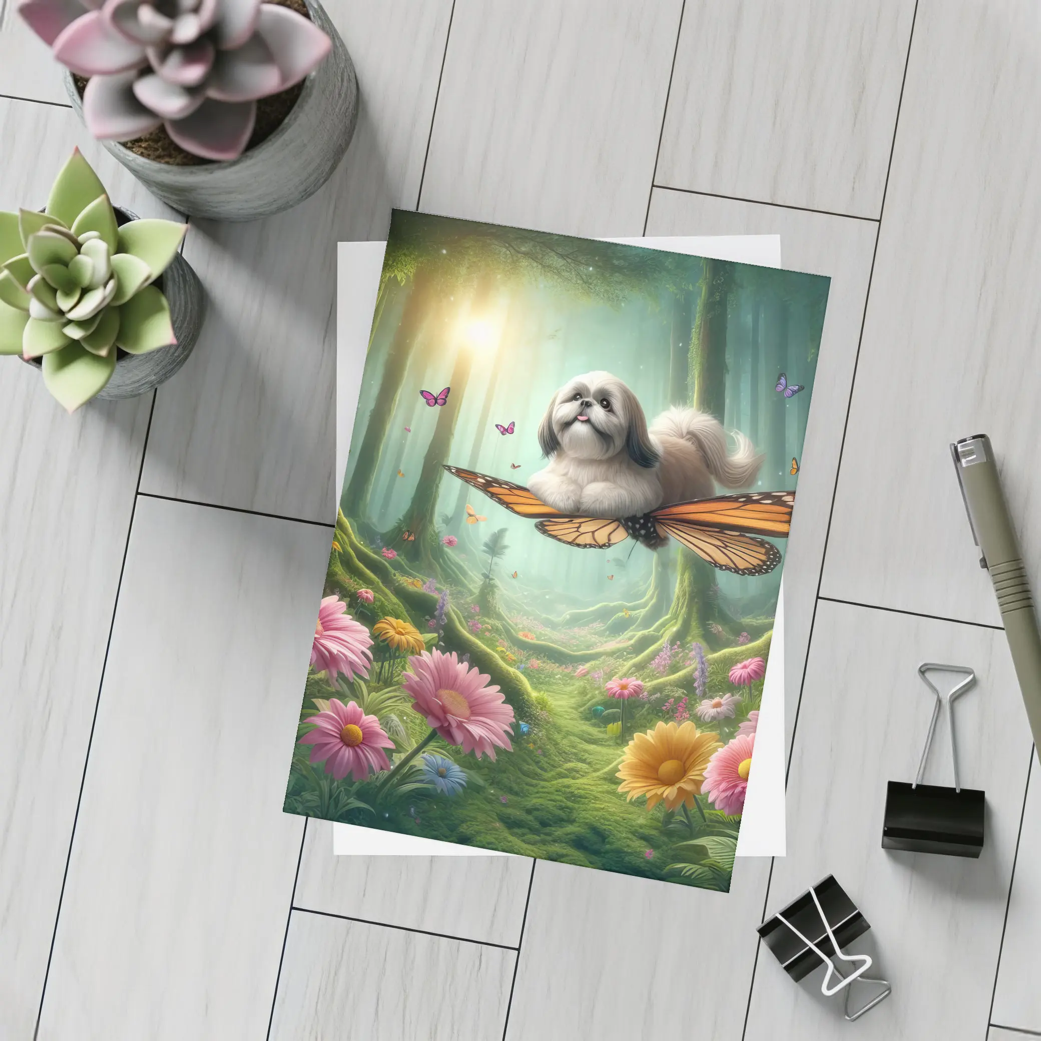 Shih Tzu Dog Flying Butterfly Wings Enchanted Forest – Postcards