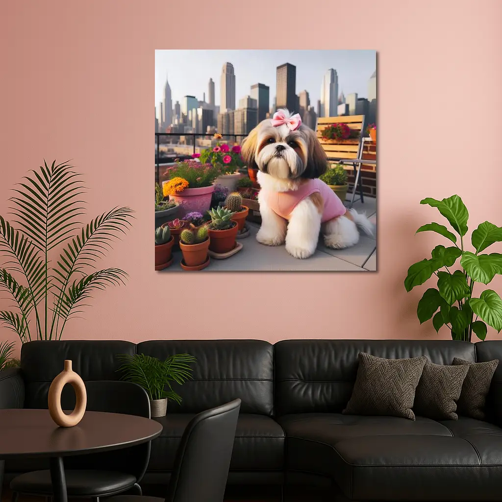 Shih Tzu Dog City Skyline Balcony Flowers – Wall Art