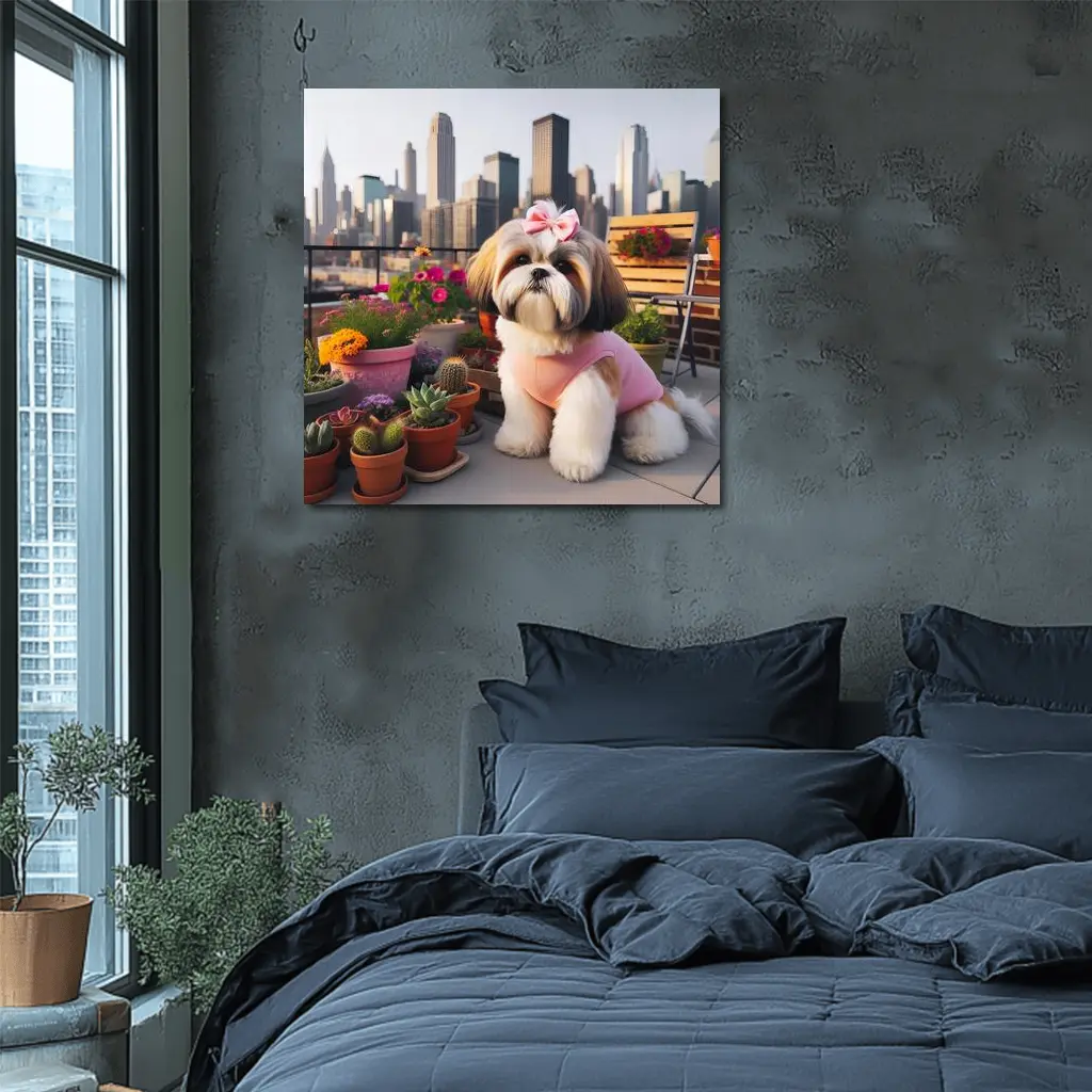 Shih Tzu Dog City Skyline Balcony Flowers – Wall Art