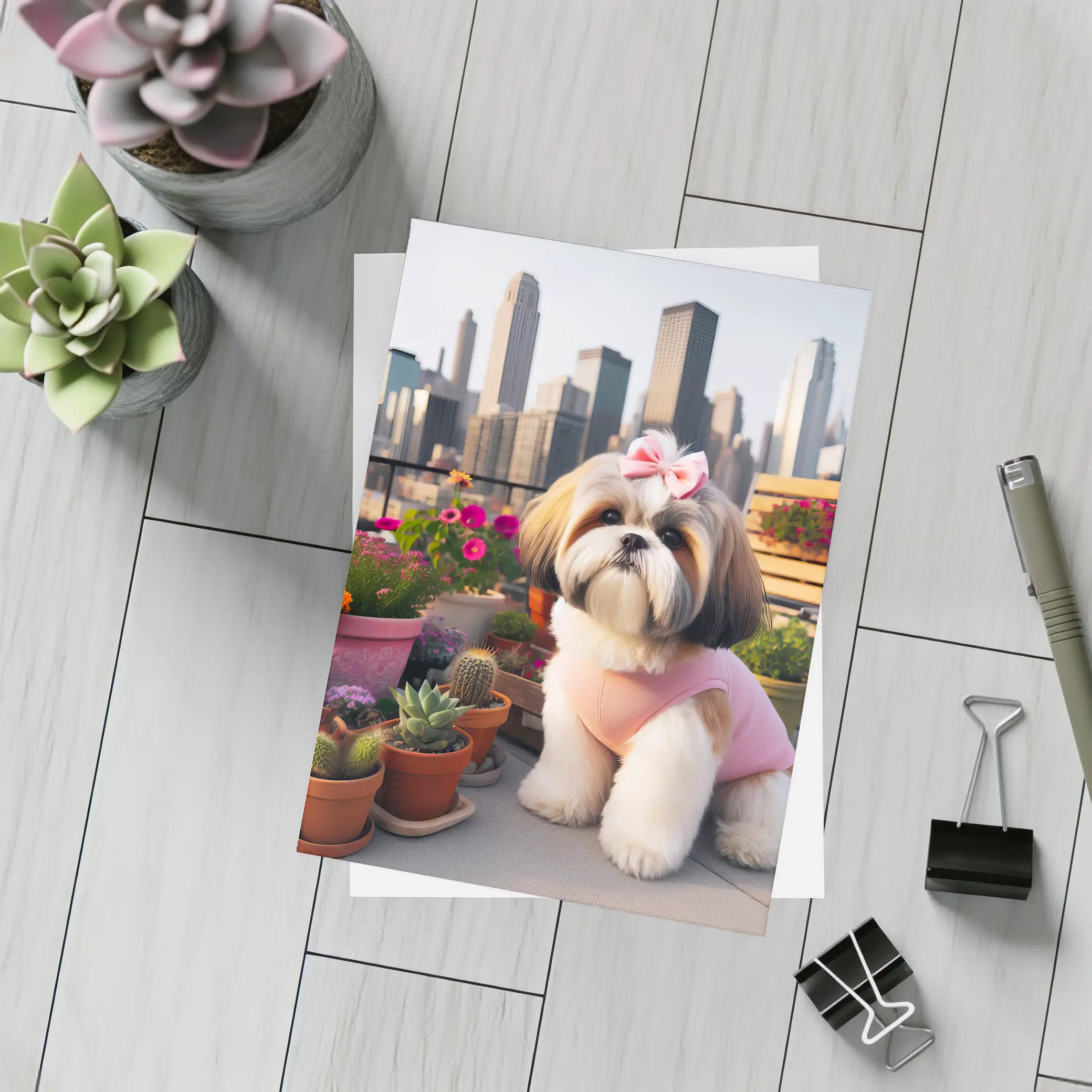 Shih Tzu Dog City Skyline Balcony Flowers – Postcards