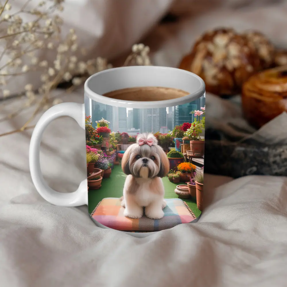 Shih Tzu Dog Rooftop Garden City Background – Mugs