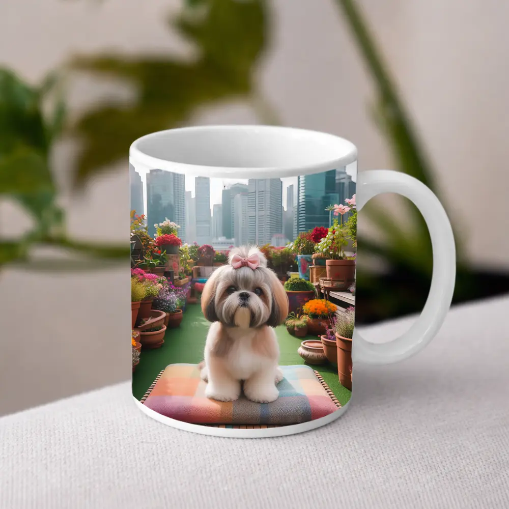 Shih Tzu Dog Rooftop Garden City Background – Mugs