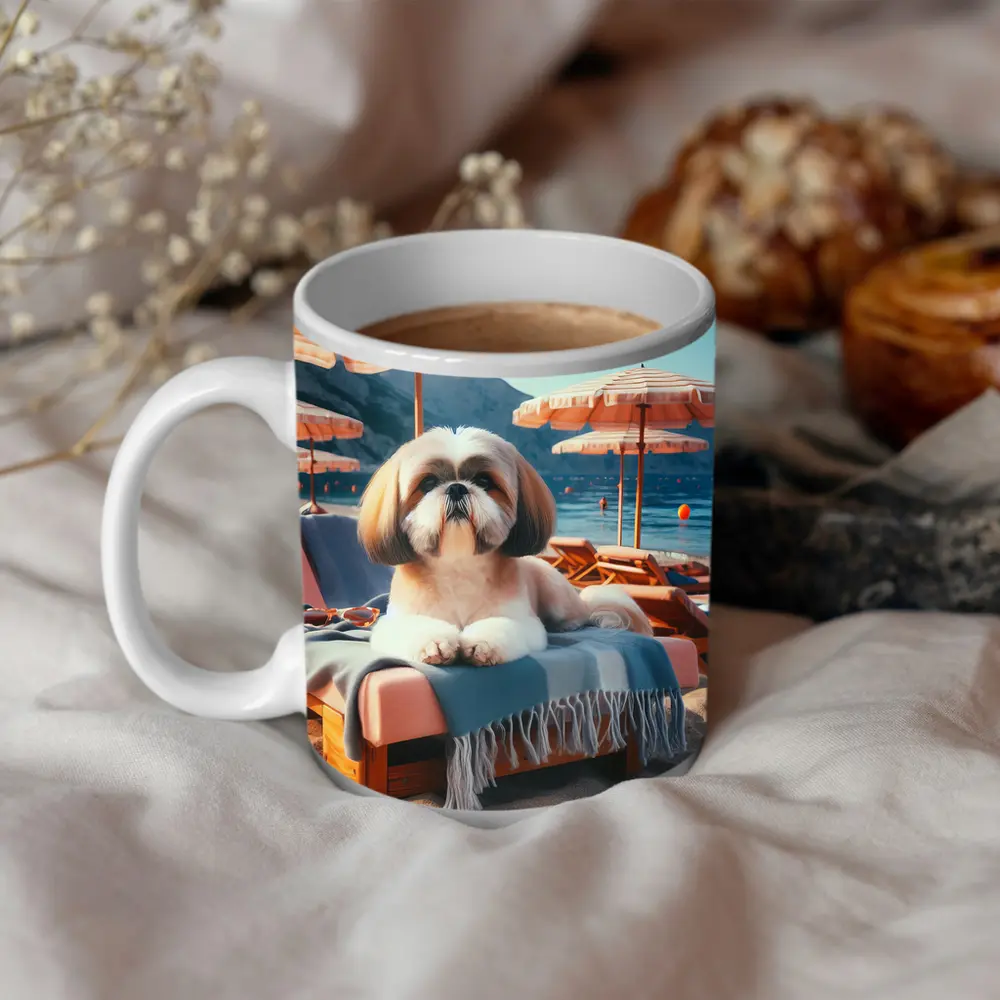 Shih Tzu Relaxing on Beach Lounge Chair – Mugs