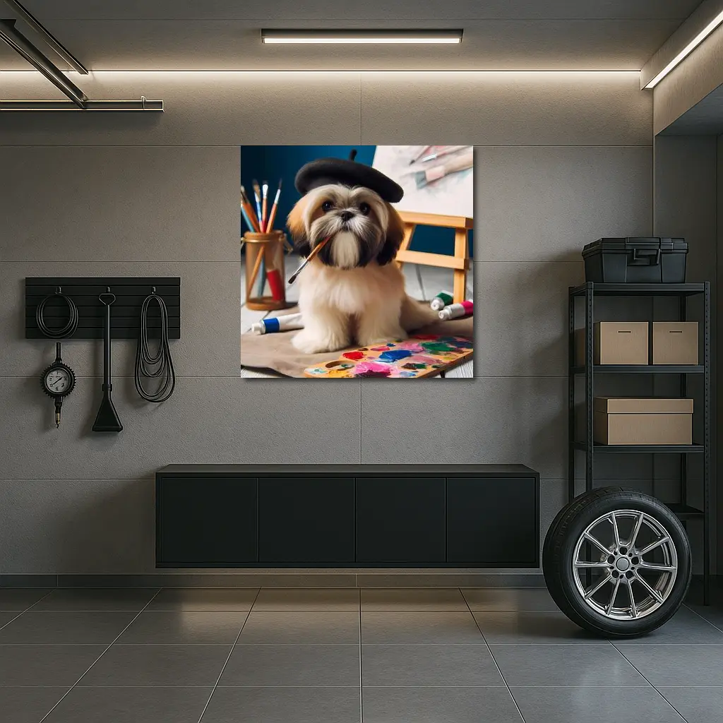 Shih Tzu Artist Wearing Beret With Paintbrush – Wall Art