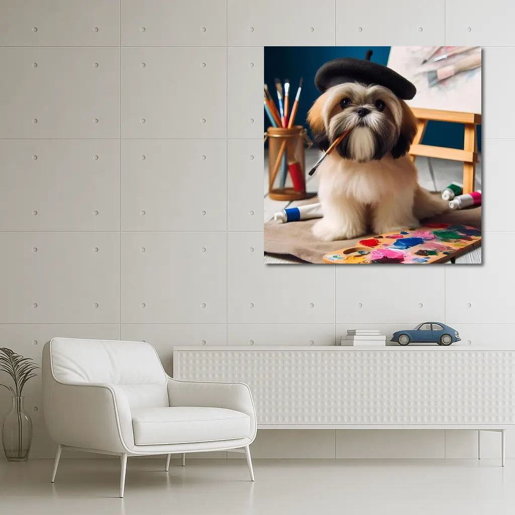 Shih Tzu Artist Wearing Beret With Paintbrush – Wall Art