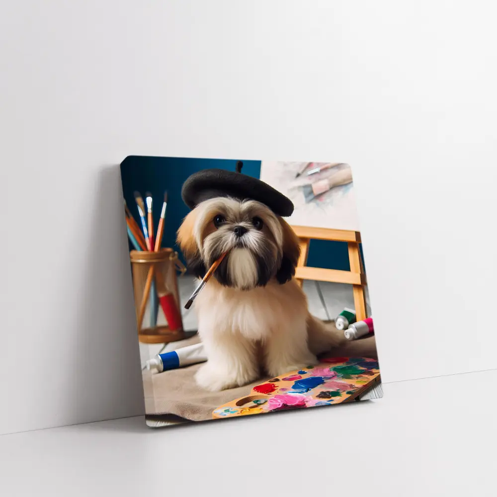 Shih Tzu Artist Wearing Beret With Paintbrush – Wall Art