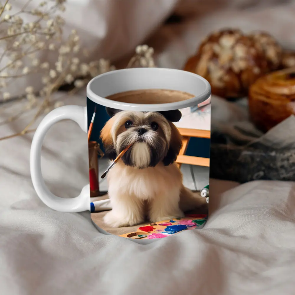Shih Tzu Artist Wearing Beret With Paintbrush – Mugs