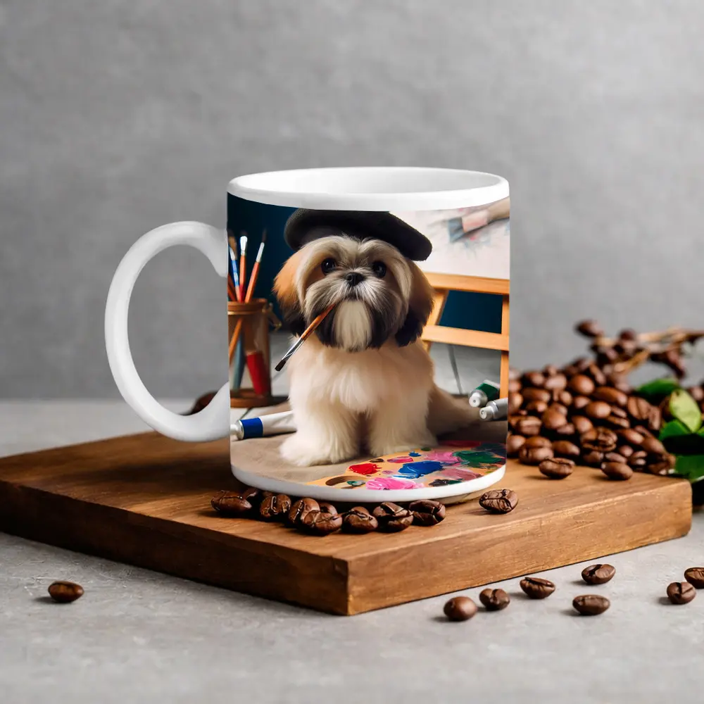 Shih Tzu Artist Wearing Beret With Paintbrush – Mugs